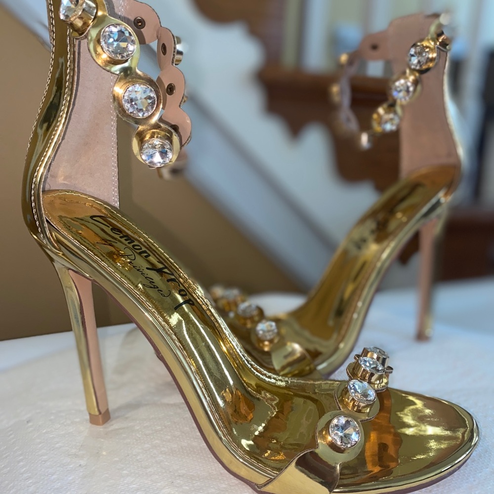 Lemon Drop Gold Heels with Crystal Embellishments